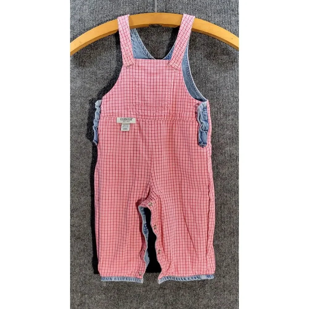 Oshkosh Girls Lined Overalls 12 Months Pink Checkered Lining 100% Cotton